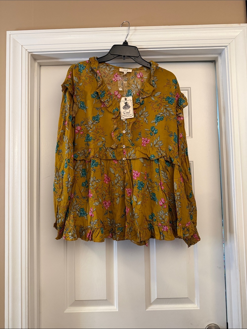 Floral Ruffle Peplum Blouse in Mustard by Easel